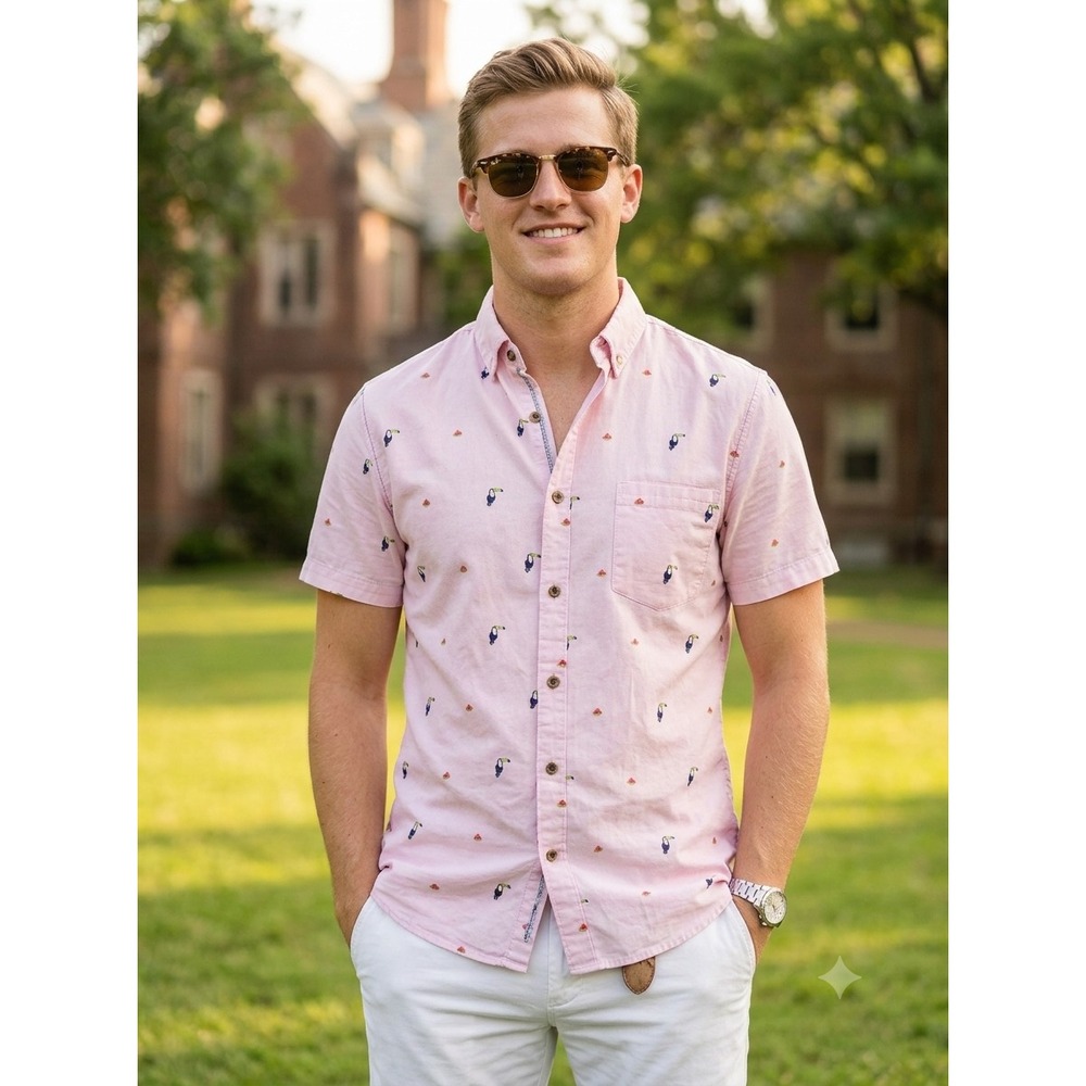 Sovereign Code Mens Short Sleeve Pink Toucan Button Front Shirt, Large